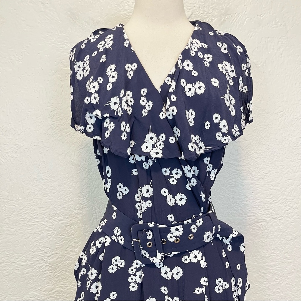 BGL Dress Navy Blue Floral Wrap Belted XL Extra Large - Picture 2 of 10